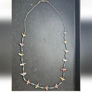 Vintage Zuni Fetish MOP & Turquoise Bird Necklace 24"